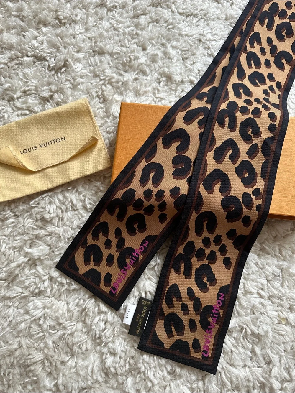 Louis Vuitton Leopard Silk Scarf in Brown and Black with Pink Logo
